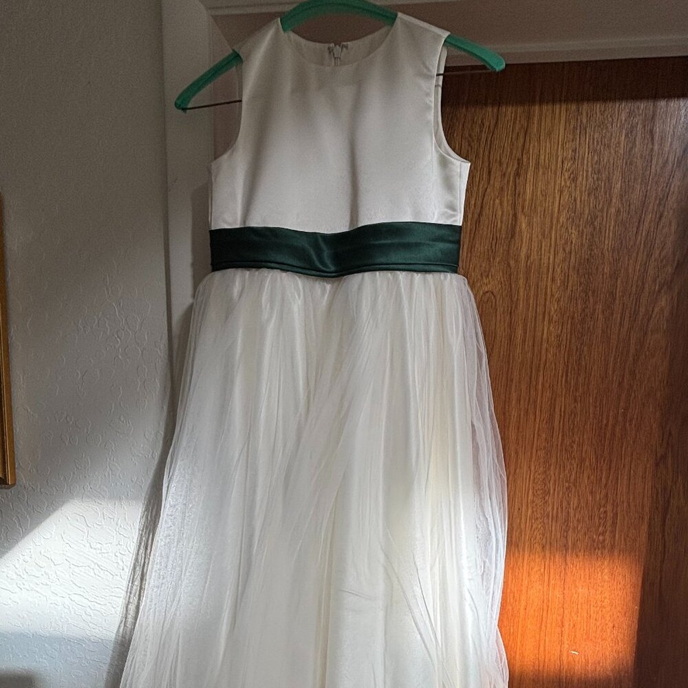 Flower Girl dress - Dessy Girl - Size 8 - cream + Hunter Green sash